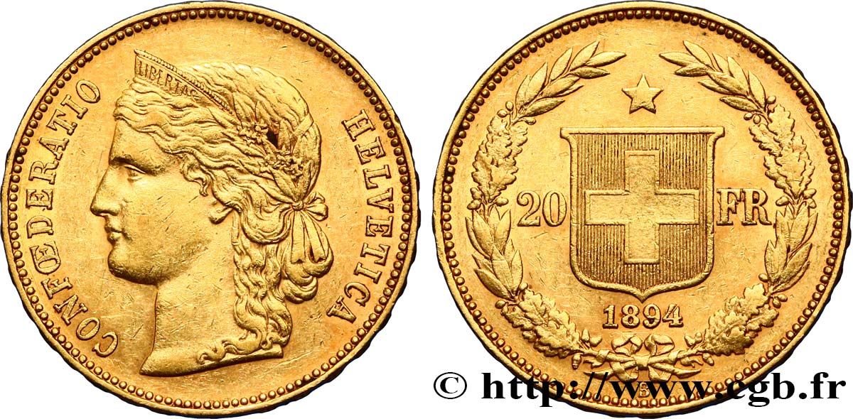 SWITZERLAND 20 Francs Helvetia 1894 Berne XF 