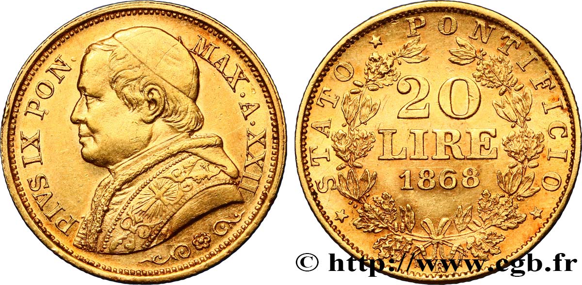 VATICAN AND PAPAL STATES 20 Lire Pie IX an XXII 1868 Rome AU/AU 