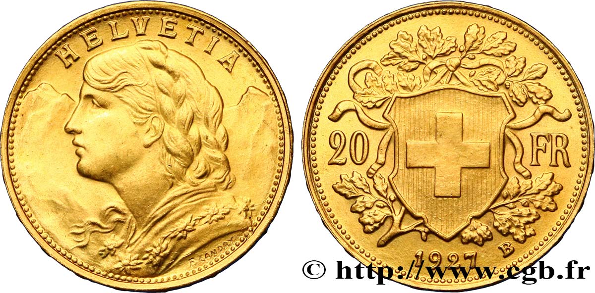 SWITZERLAND 20 Francs or  Vreneli  1927 Berne AU 
