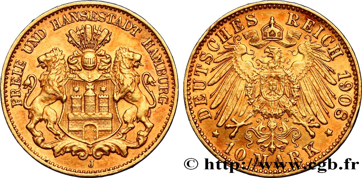 ALLEMAGNE - VILLE LIBRE DE HAMBOURG 10 Mark 1908 Hambourg TTB 