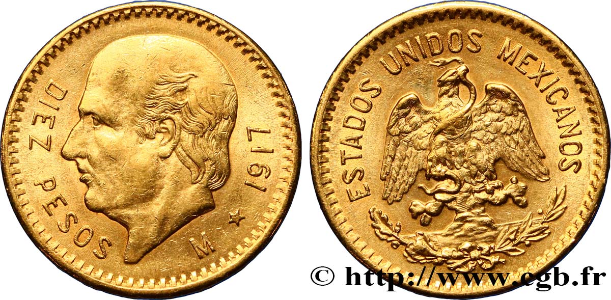 MEXIQUE 10 Pesos or Miguel Hidalgo y Costilla 1917 Mexico TTB+/SUP 