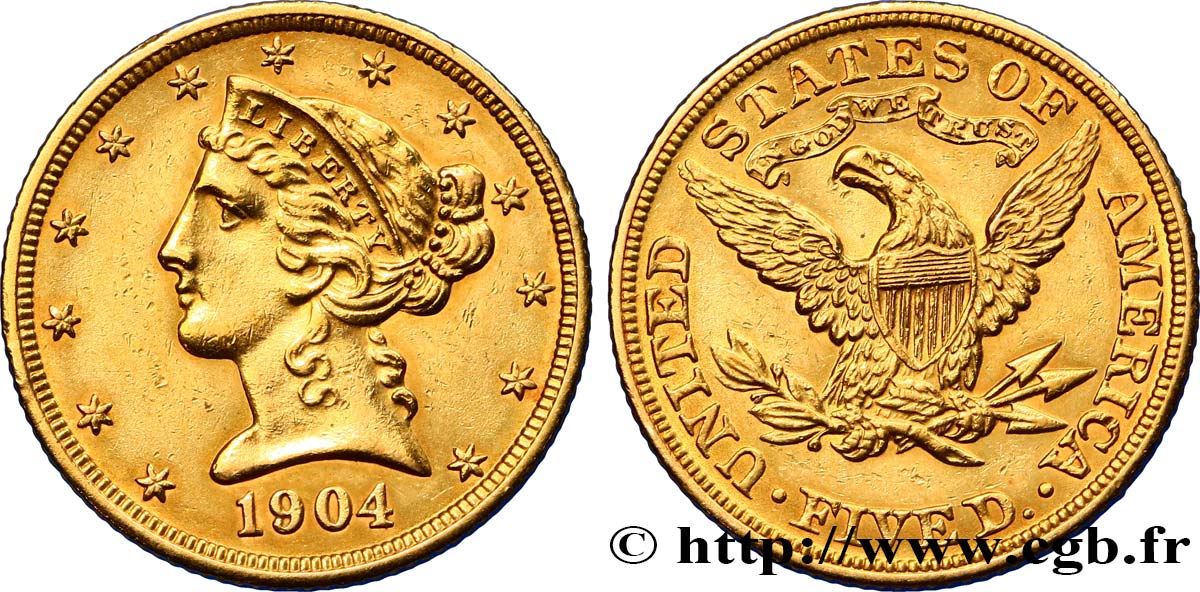 ÉTATS-UNIS D AMÉRIQUE 5 Dollars  Liberty  1904 Philadelphie MBC+ 