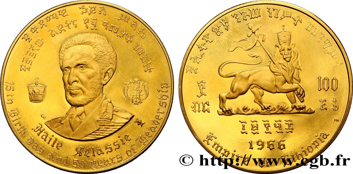 ÉTHIOPIE 100 Dollars 75e anniversaire et 50 ans de règne de Hailé Selassié 1966  SPL 