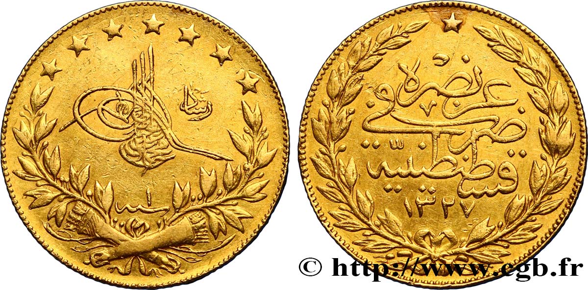 TURKEY 100 Kurush Sultan Mohammed V Resat AH 1327, An 1 1909 Constantinople XF 