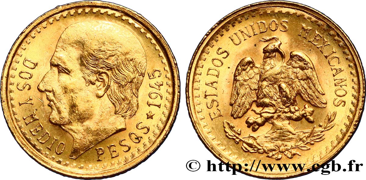 MESSICO 2 1/2 Pesos or Miguel Hidalgo 1945 Mexico SPL 