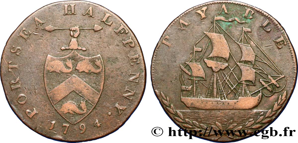 BRITISH TOKENS OR JETTONS 1/2 Penny Portsea (Hampshire) George Edward Sargeant 1794  VF 