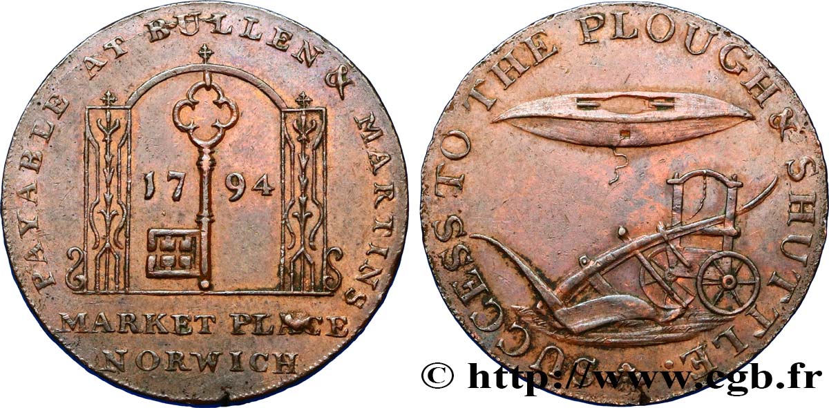 BRITISH TOKENS OR JETTONS 1/2 Penny Norwich 1794  AU 