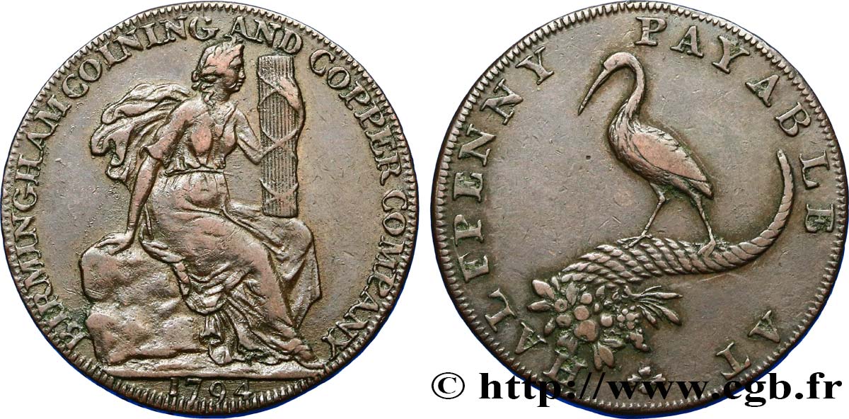 BRITISH TOKENS 1/2 Penny Birmingham  1794  XF 