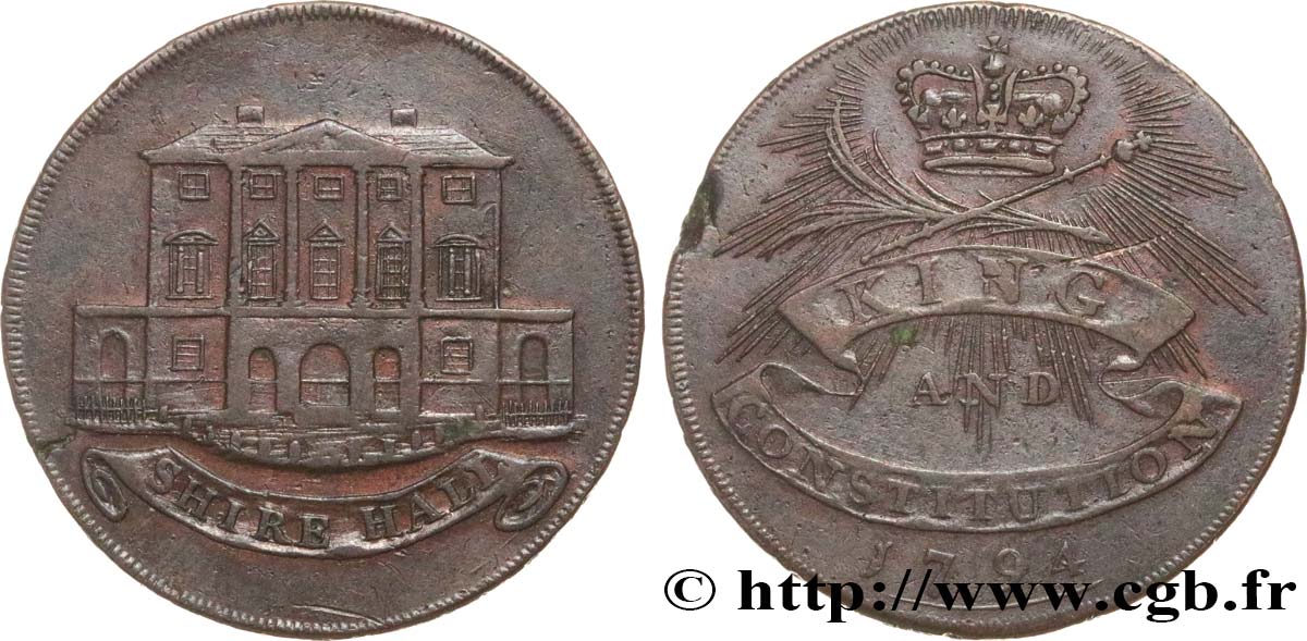 REINO UNIDO (TOKENS) 1/2 Penny “Shire Hall” Essex 1794  BC+ 