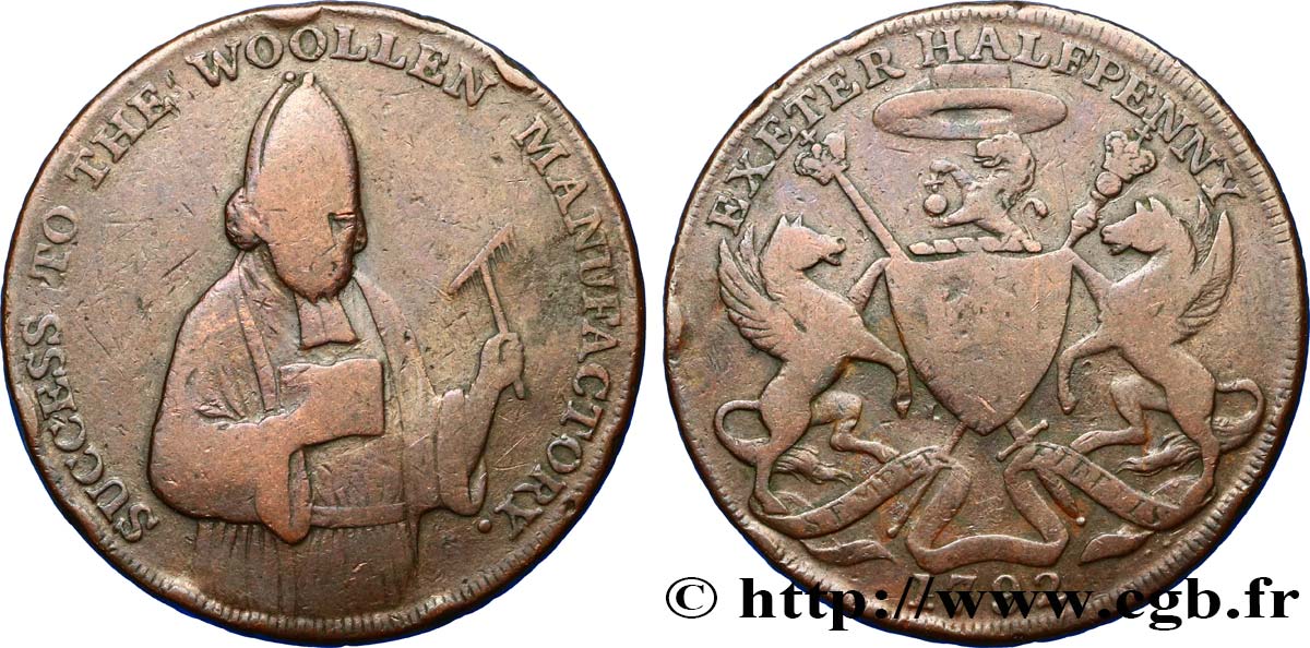 BRITISH TOKENS OR JETTONS 1/2 Penny Exeter 1792  F 