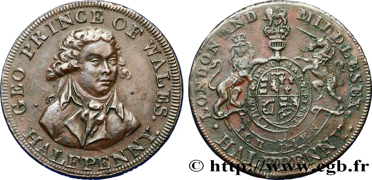 ROYAUME-UNI (TOKENS) 1/2 Penny Middlesex Prince de Galles n.d.  TTB 