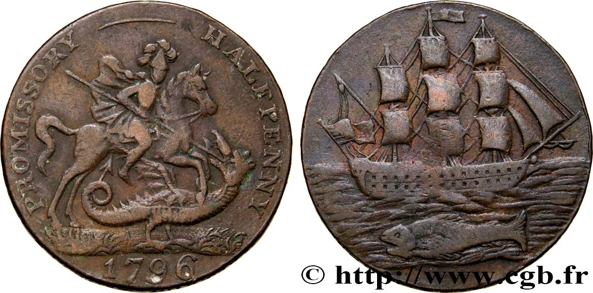 BRITISH TOKENS OR JETTONS 1/2 Penny Portsea (Hampshire) 1796  VF 