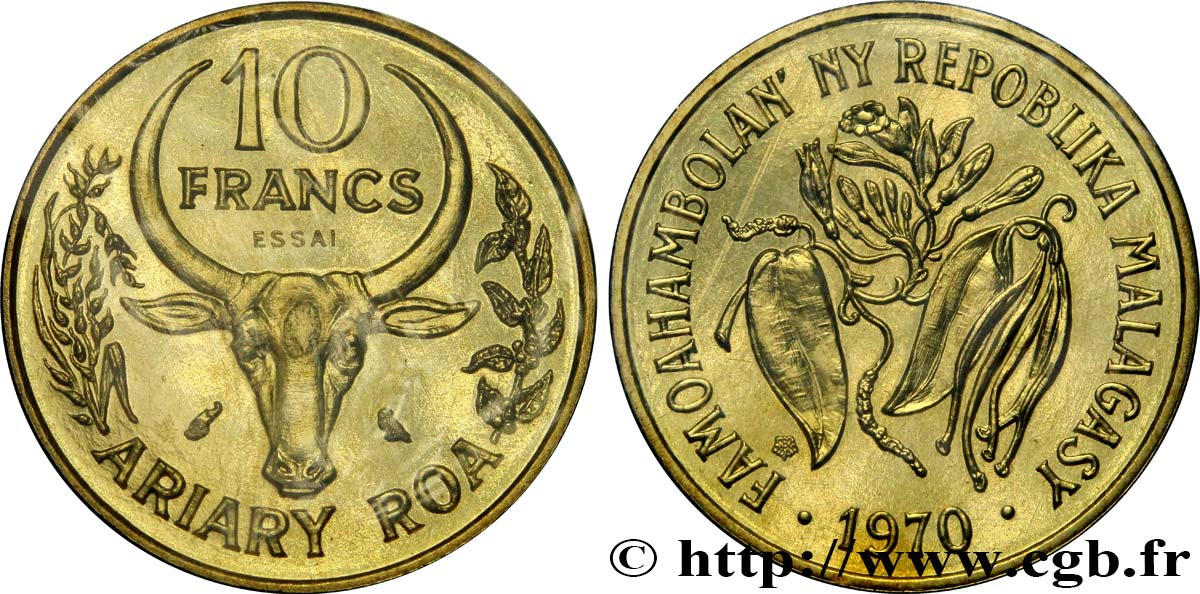 MADAGASCAR Essai de 10 Francs - 2 Ariary buffle / fèves 1970 Paris FDC 