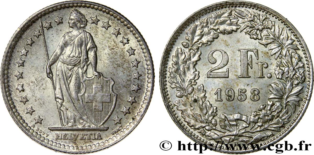 SVIZZERA  2 Francs Helvetia 1958 Berne SPL 