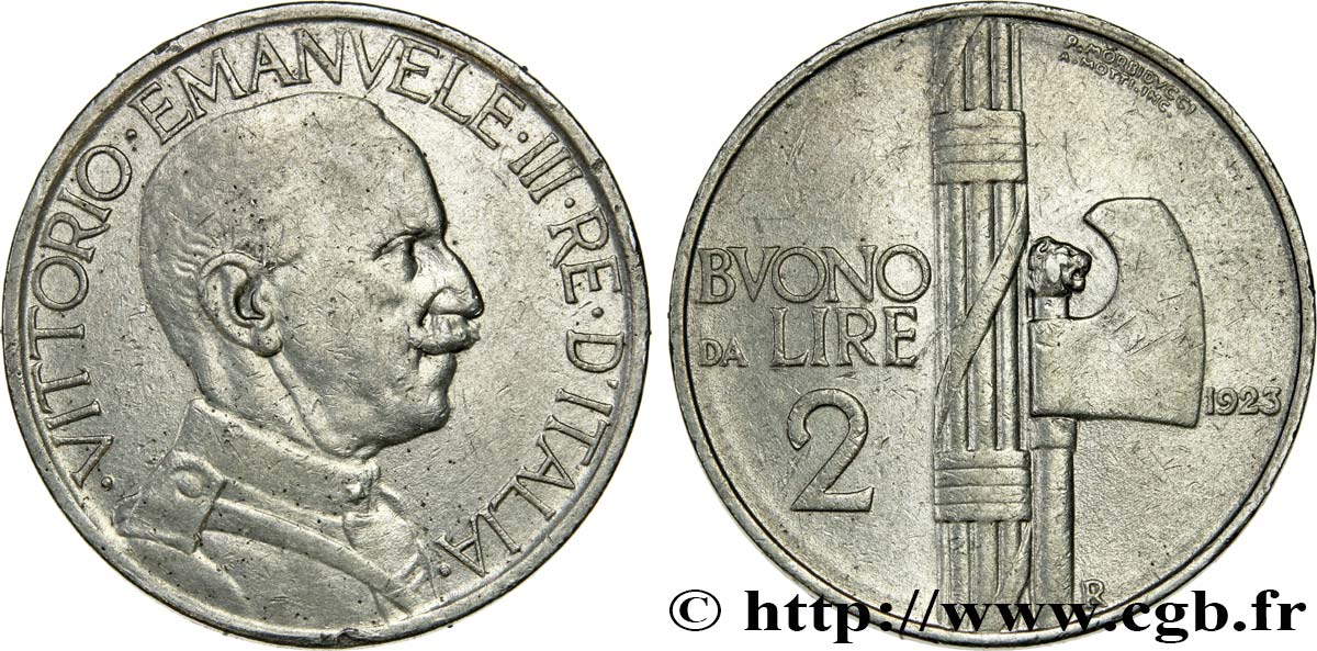 ITALIA Bon pour 2 Lire (Buono da Lire 2) Victor Emmanuel III / faisceau de licteur 1923 Rome SPL 