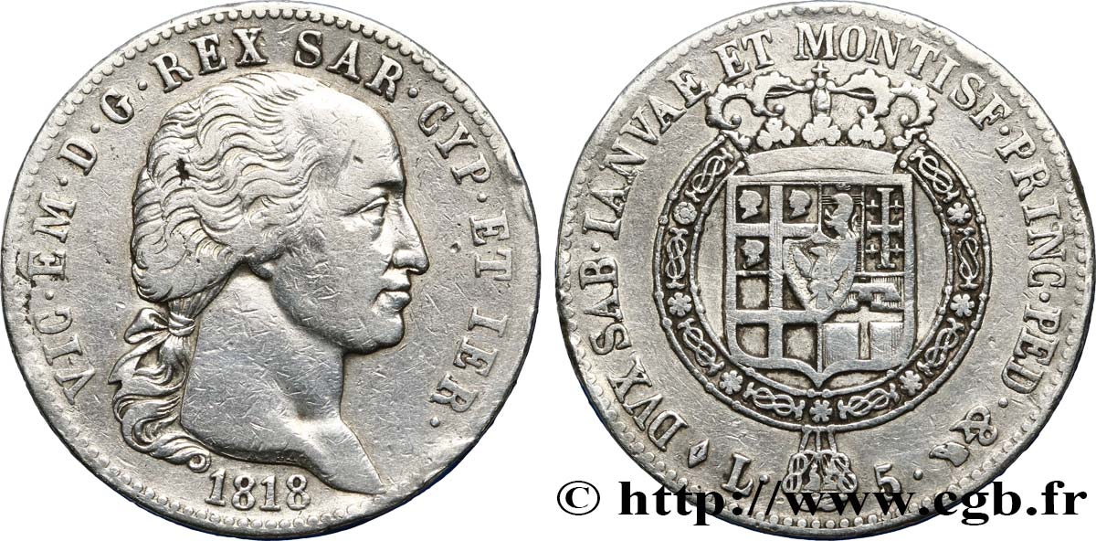 ITALIE - ROYAUME DE SARDAIGNE - VICTOR-EMMANUEL Ier 5 Lire 1818 Turin BC+ 