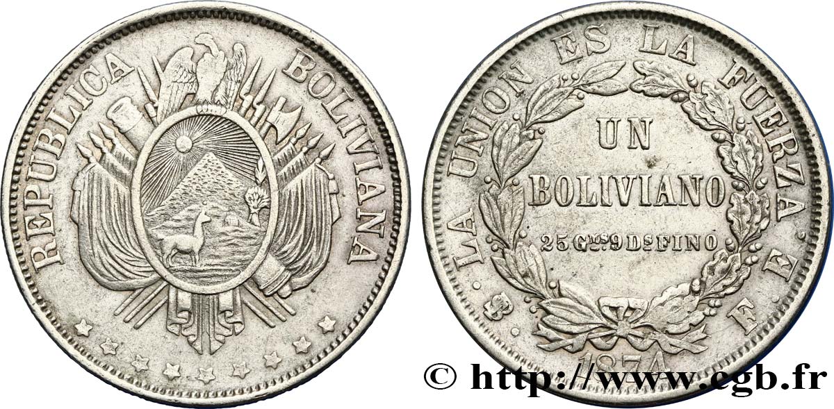 BOLIVIE 1 Boliviano 1874 Potosi TTB 