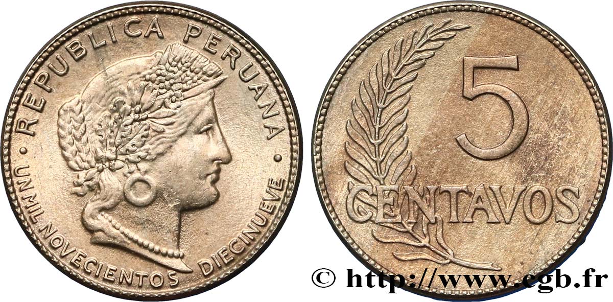 PERU 5 Centavos 1919  MS 