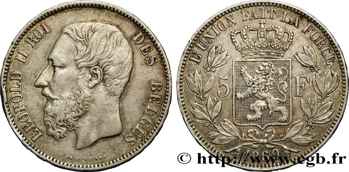 BELGIEN 5 Francs Léopold II 1869  SS/fVZ 