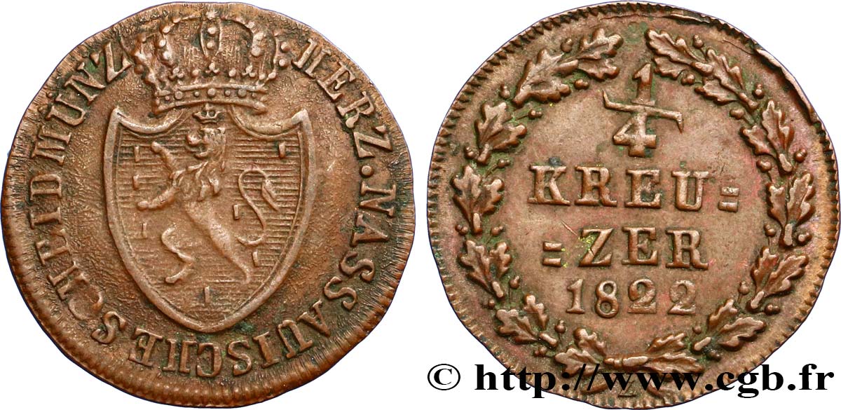 GERMANY - NASSAU 1/4 Kreuzer 1822  XF 