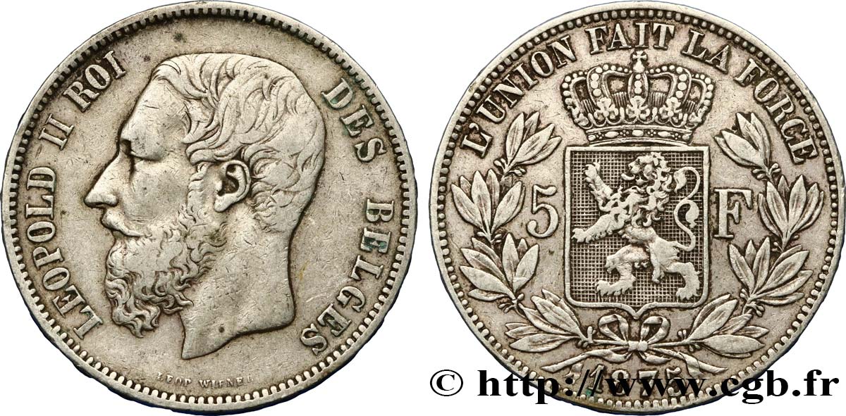 BELGIO 5 Francs Léopold II 1875  BB 