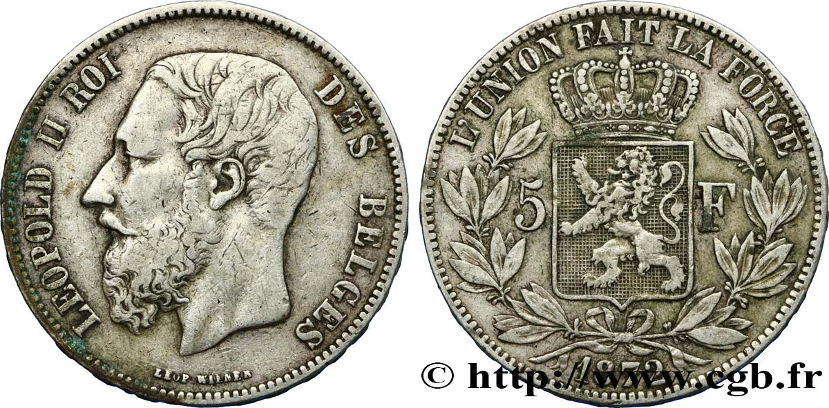 BELGIQUE 5 Francs Léopold II 1872  TTB 