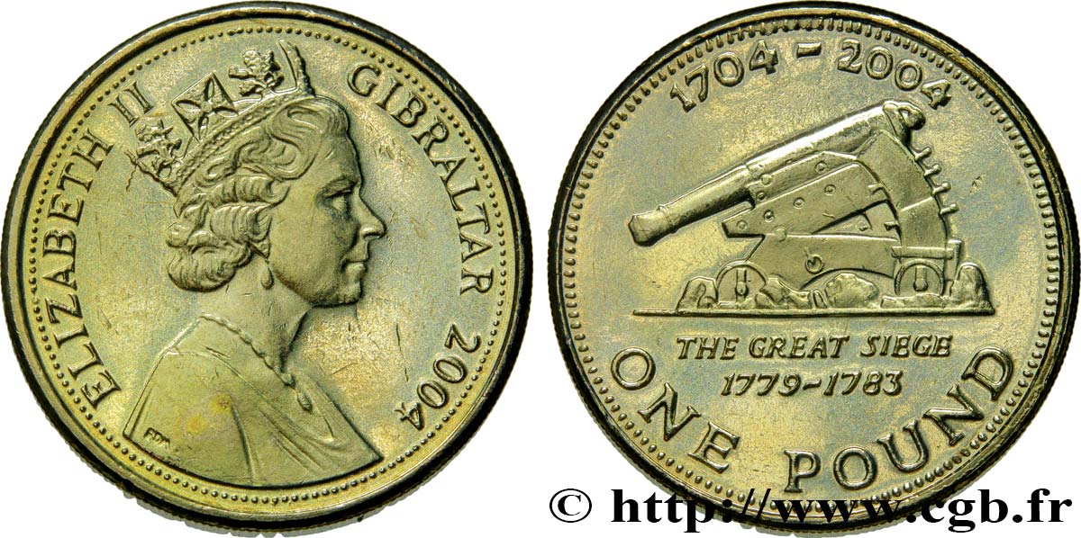 GIBRALTAR 1 Pound (Livre) Elisabeth II / tricentenaire de l’occupation Britannique 1704-2004, canon, siège de 1779-1783 2004  SC 