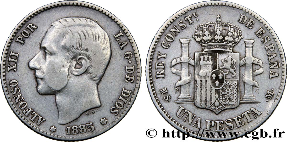 SPAIN 1 Peseta Alphonse XII / emblème couronné (1886) 1885 Madrid VF/XF 