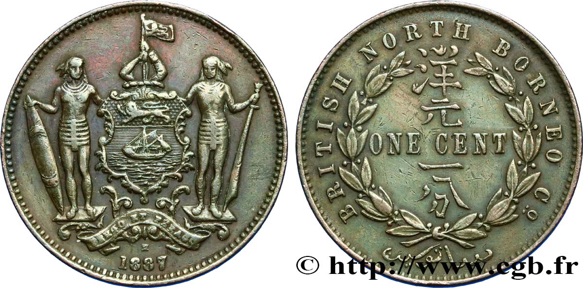 MALASIA - BORNEO SEPTENTRIONAL BRITÁNICO 1 Cent Compagnie britannique du Nord-Bornéo 1887 Heaton MBC 