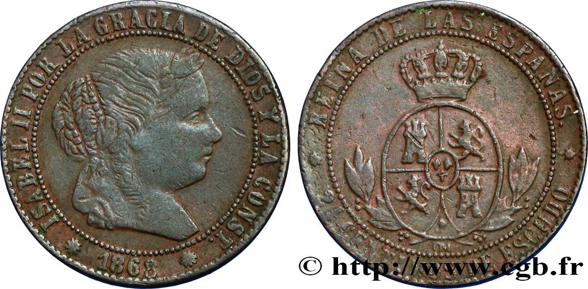 ESPAGNE 2 1/2 Centimos de Escudo Isabelle II 1868 Oeschger Mesdach & CO TTB 