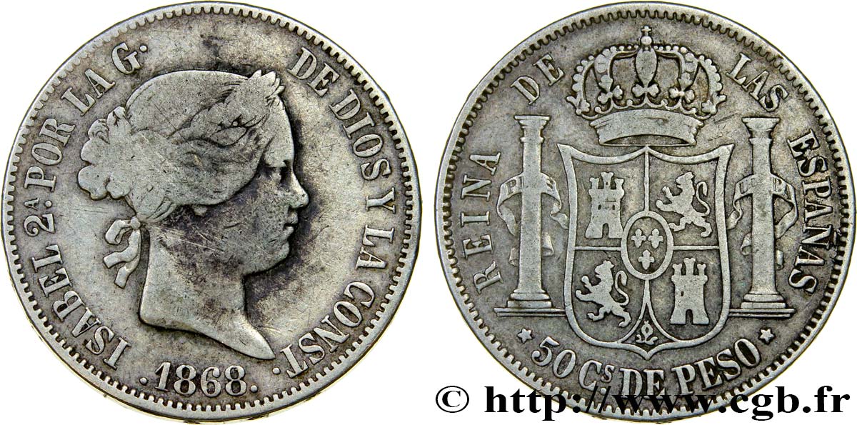 FILIPINAS 50 Centimos de Peso Isabelle II 1868 Manille MBC 