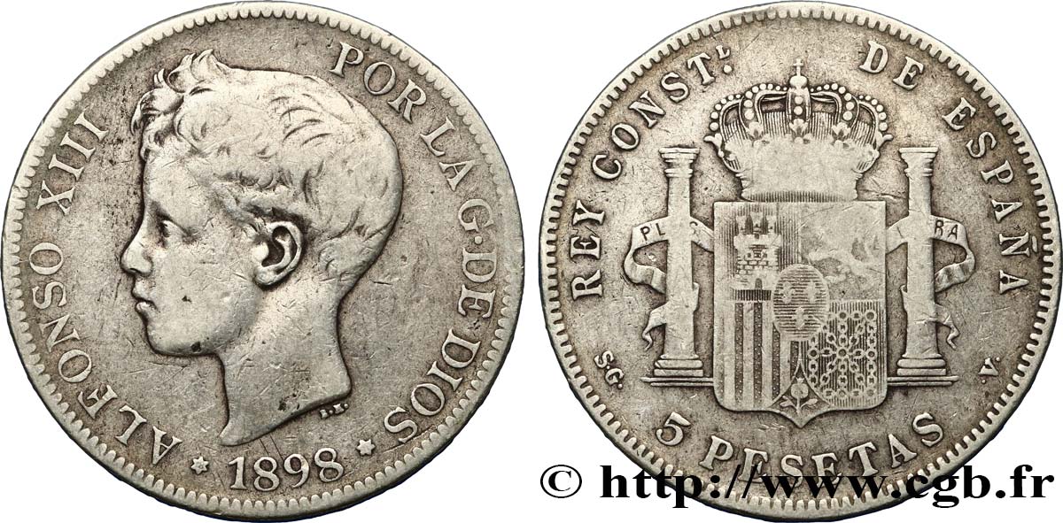 SPAGNA 5 Pesetas Alphonse XIII 3e type 1898 Madrid q.BB 
