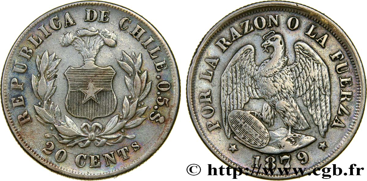 CHILI 20 Centavos 1879 Santiago TTB 