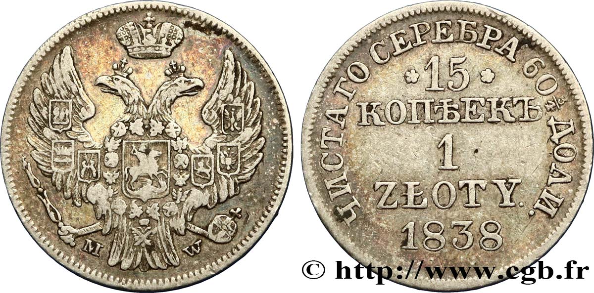 POLAND 1 Zloty / 15 Kopecks 1838 Varsovie VF 