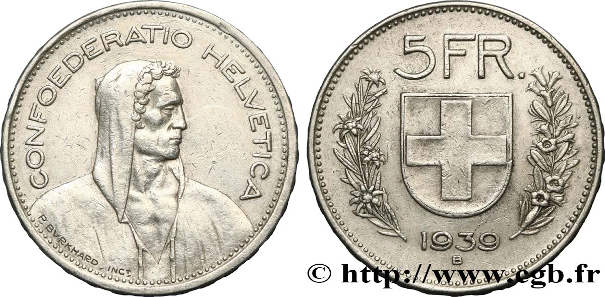 SVIZZERA  5 Francs Berger des alpes 1939 Berne BB 