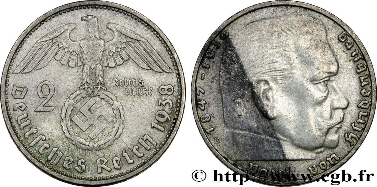 GERMANIA 2 Reichsmark aigle surmontant une swastika / Maréchal Paul von Hindenburg 1938 Munich BB 