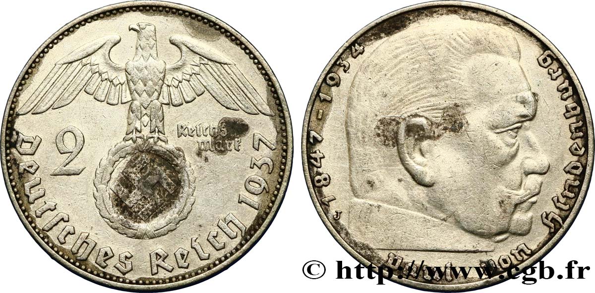 ALEMANIA 2 Reichsmark aigle surmontant une swastika / Maréchal Paul von Hindenburg 1937 Hambourg  MBC 