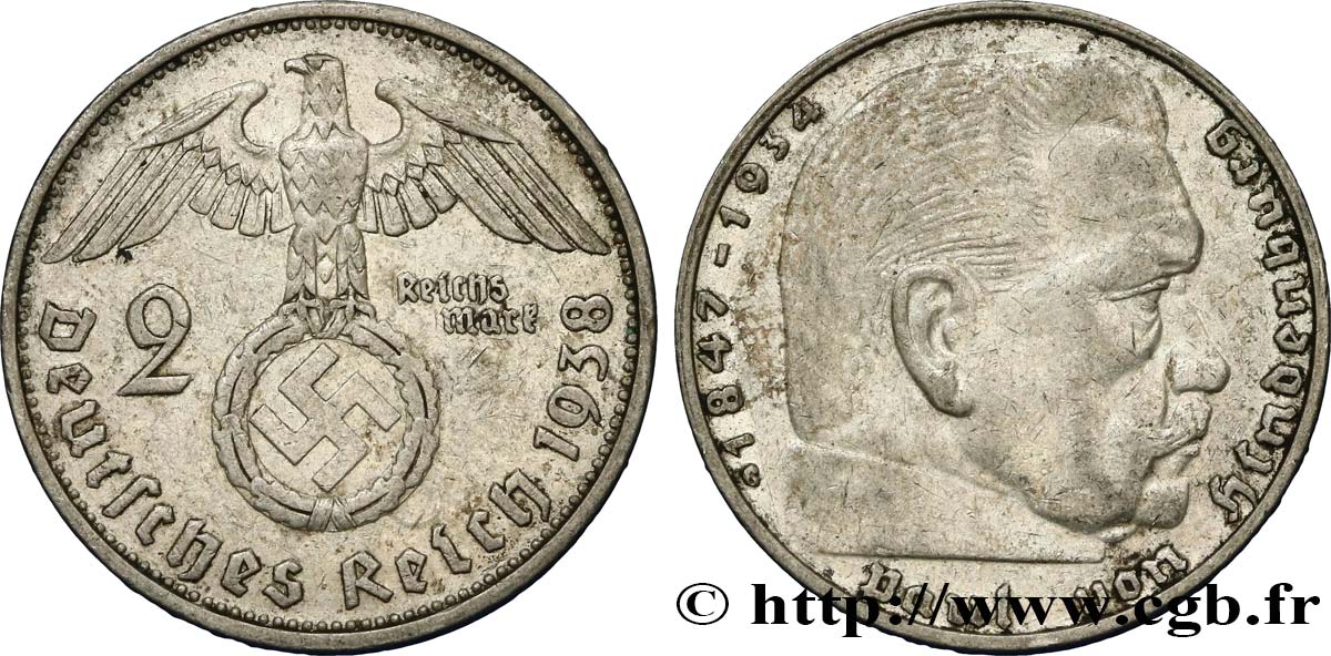 ALEMANIA 2 Reichsmark aigle surmontant une swastika / Maréchal Paul von Hindenburg 1938 Karlsruhe MBC 