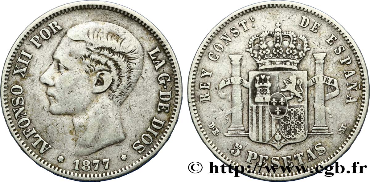 ESPAÑA 5 Pesetas Alphonse XII  1877 Madrid BC+ 