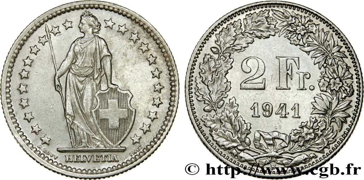 SWITZERLAND 2 Francs Helvetia 1941 Berne - B AU 