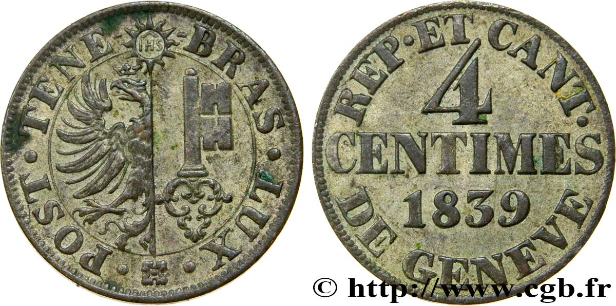 SWITZERLAND - REPUBLIC OF GENEVA 4 Centimes - Canton de Genève 1839  XF 