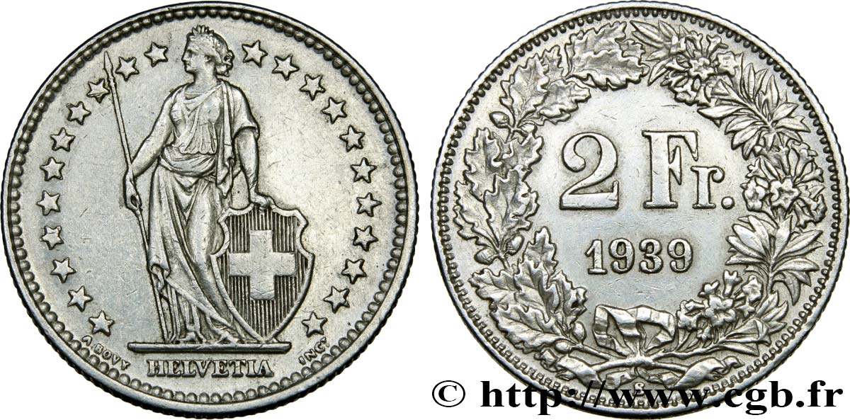 SUISSE 2 Francs Helvetia 1939 Berne - B SUP 