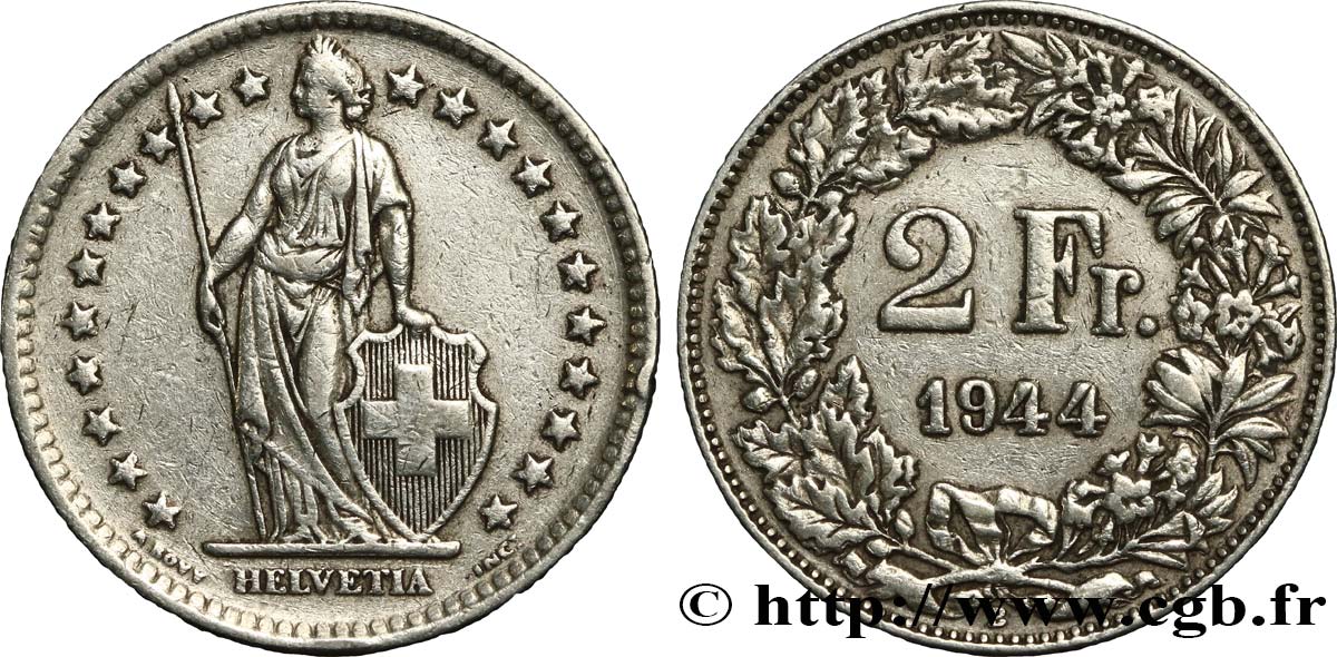SUIZA 2 Francs Helvetia 1944 Berne MBC+ 