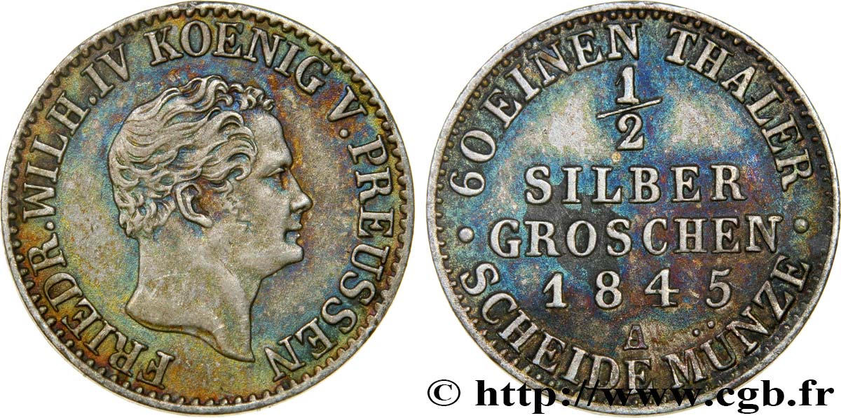 GERMANIA - PRUSSIA 1/2 Silbergroschen Frédéric Guillaume IV 1845 Berlin q.SPL/BB 