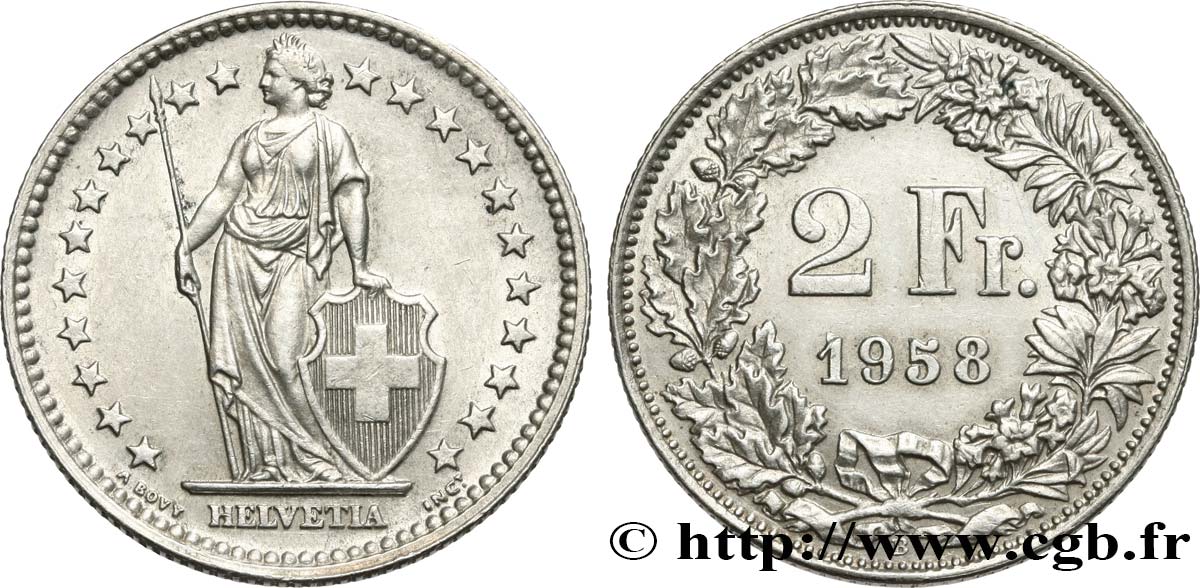 SCHWEIZ 2 Francs Helvetia 1958 Berne VZ 