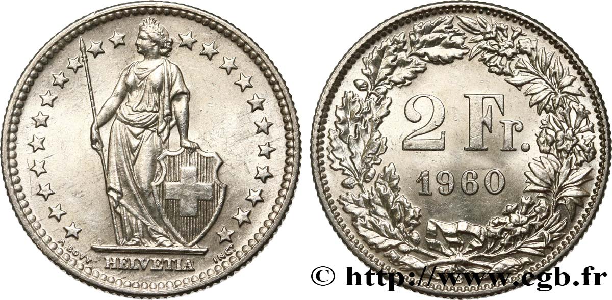 SWITZERLAND 2 Francs Helvetia 1960 Berne - B AU 