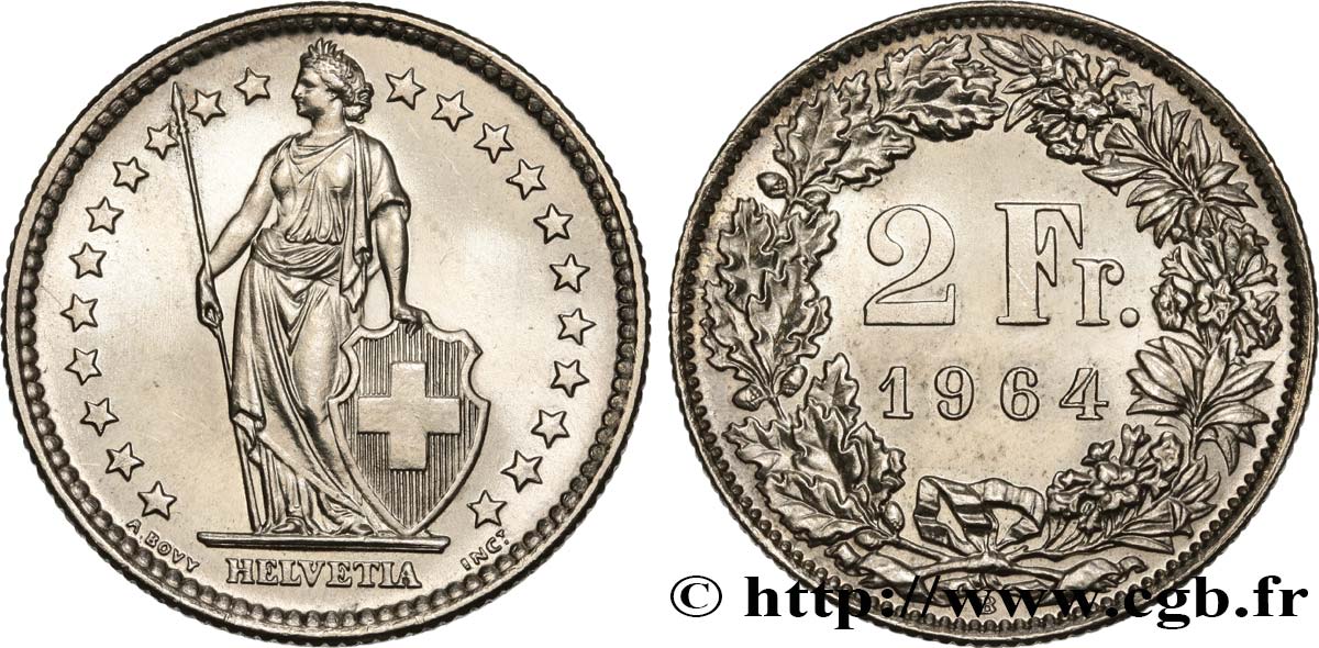SCHWEIZ 2 Francs Helvetia 1964 Berne fST 