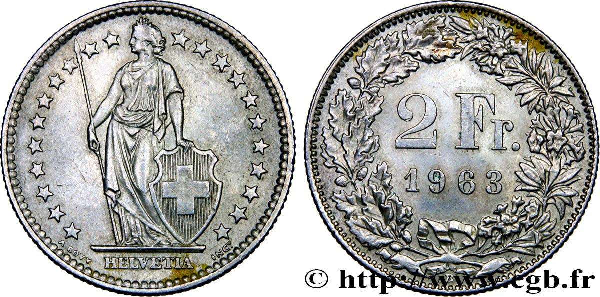SCHWEIZ 2 Francs Helvetia 1963 Berne VZ 