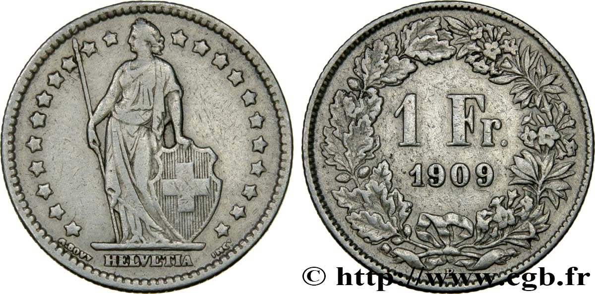 SWITZERLAND 1 Franc Helvetia 1909 Berne - B XF 