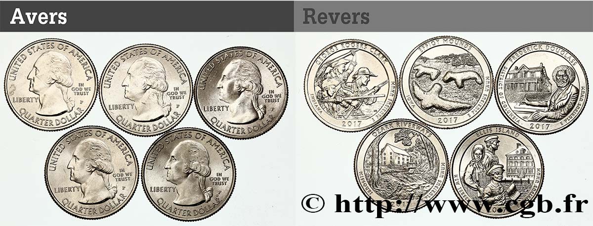 UNITED STATES OF AMERICA Série complète des 5 monnaies de 1/4 de Dollar 2017 2017 Philadelphie MS 
